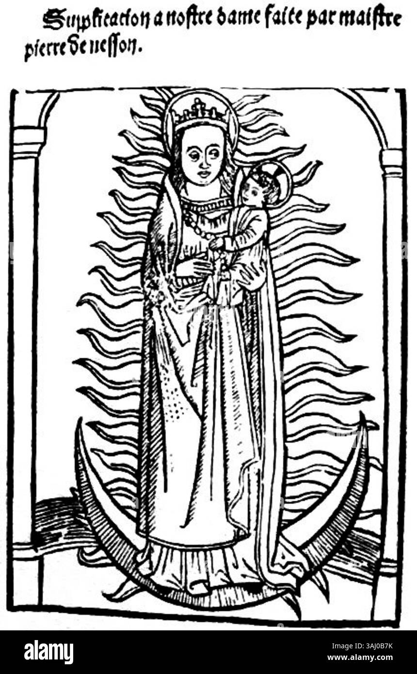 Eine Illustration aus dem 15. Jahrhundert für ein Gedicht von Pierre de Nesson, das eine religiöse Szene darstellt. Das Kunstwerk ist Teil der Sammlung des Condé-Museums in Chantilly, Frankreich. Stockfoto