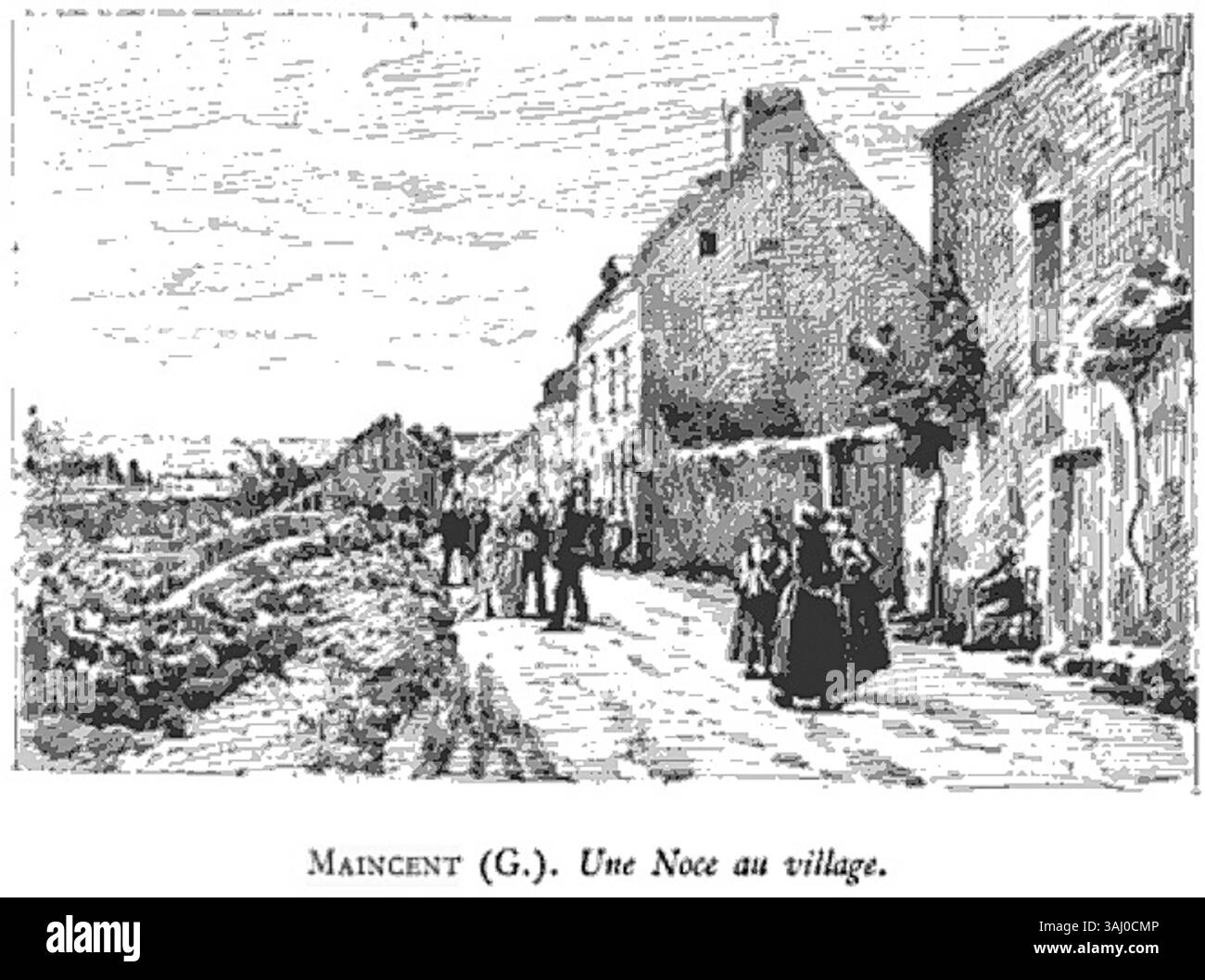 Gustave Maincents Gemälde „Une Noce au Village“ aus dem Jahr 1883 zeigte eine ländliche Hochzeitsszene. Die hier gezeigte Fotografie wurde im Salon von 1883 ausgestellt und repräsentiert die Aufmerksamkeit des Künstlers für das Dorfleben und die gesellschaftlichen Bräuche der Zeit. Stockfoto