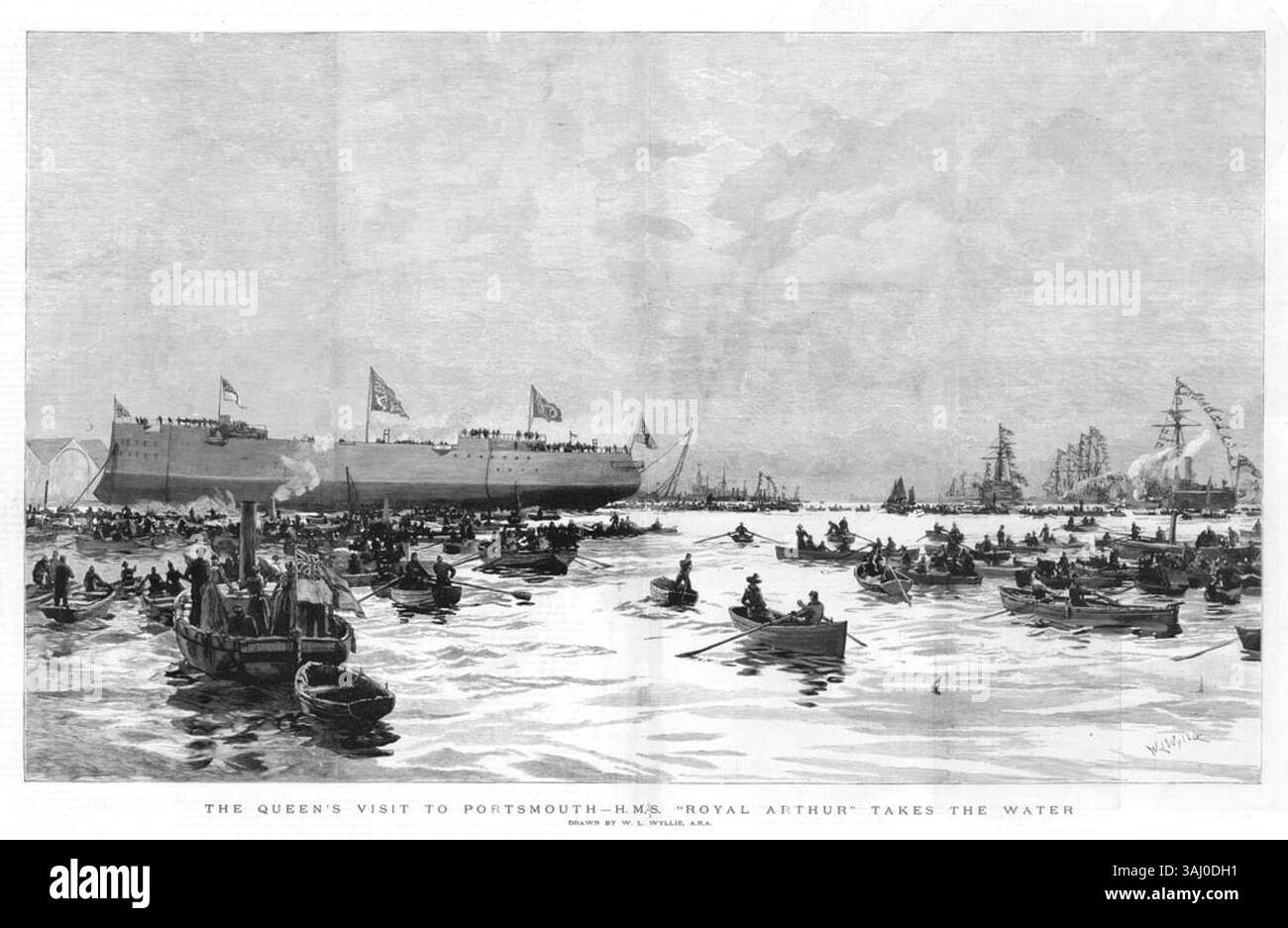 „The Queen's Visit to Portsmouth, HMS Royal Arthur Takes the Water“ ist ein Holzstich, der am 7. März 1891 in der Graphic veröffentlicht wurde. Sie veranschaulicht den Start der HMS Royal Arthur während eines königlichen Besuchs in Portsmouth. Stockfoto