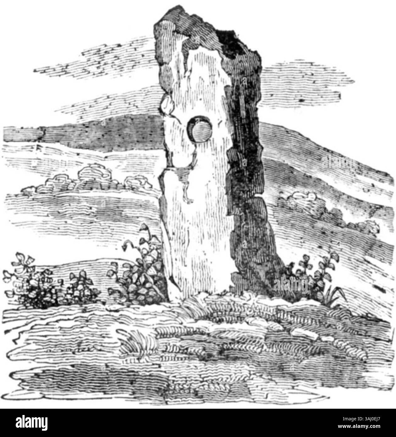 Das Holestone in County Antrim, wie es 1833 im Dublin Penny Journal beschrieben wurde, hebt das prähistorische Erbe der Region und die Bedeutung der stehenden Steine in der irischen Antike hervor. Stockfoto