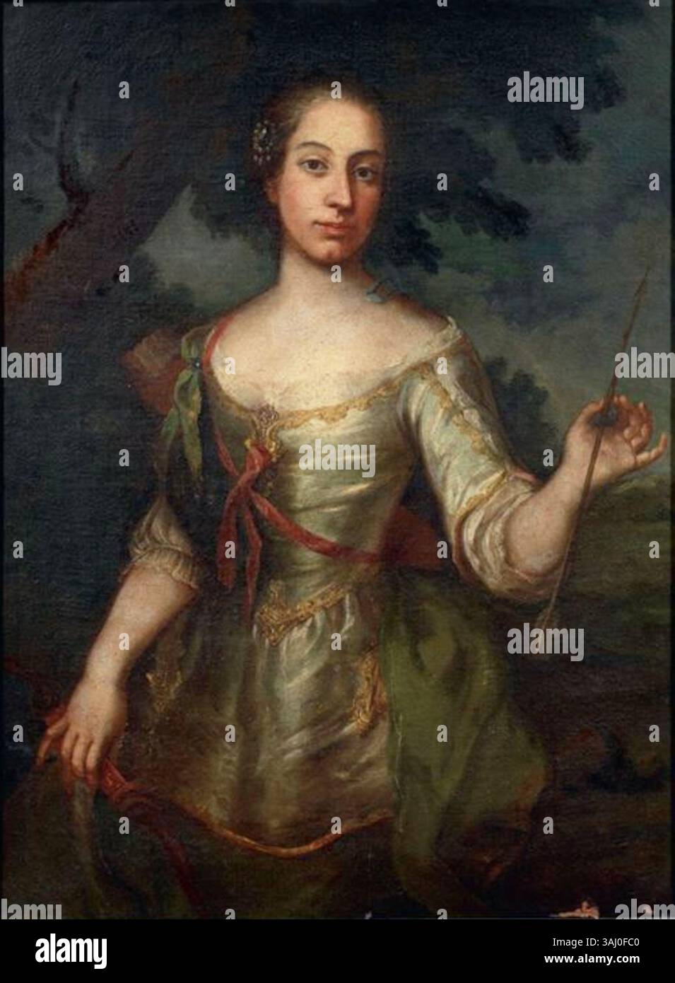 Dieses Porträt aus dem 18. Jahrhundert zeigt die Darstellung einer nicht identifizierten toskanischen Künstlerin als Diana, die römische Göttin der Jagd, die in Öl auf Leinwand gemalt ist und den klassischen Einfluss dieser Zeit unterstreicht. Stockfoto