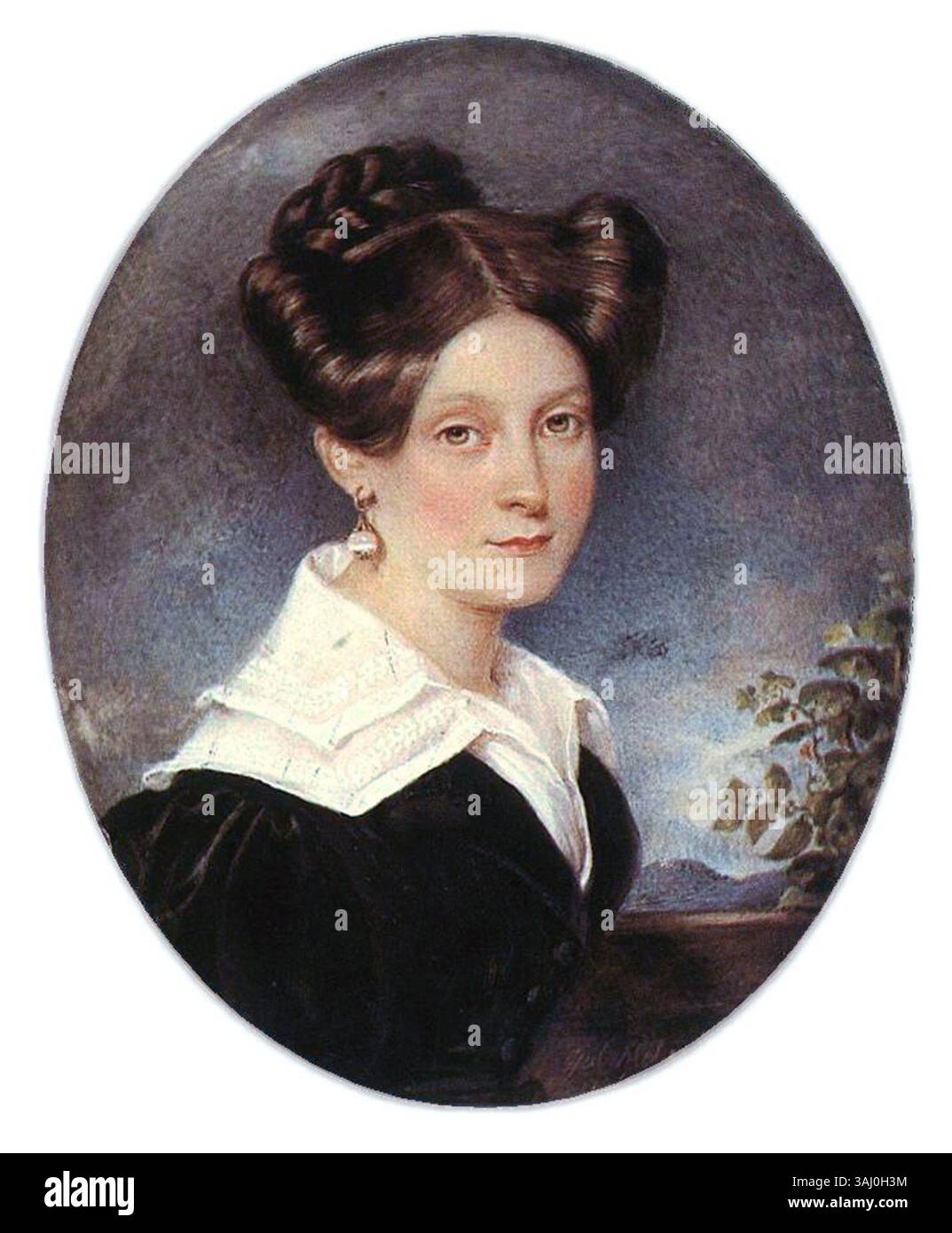 Gábor Melegs Porträt „Porträt einer jungen Dame“ aus dem Jahr 1830 ist auf Elfenbein gemalt und in der Ungarischen Nationalgalerie ausgestellt. Das Kunstwerk veranschaulicht die ungarische Porträtmalerei des frühen 19. Jahrhunderts. Stockfoto