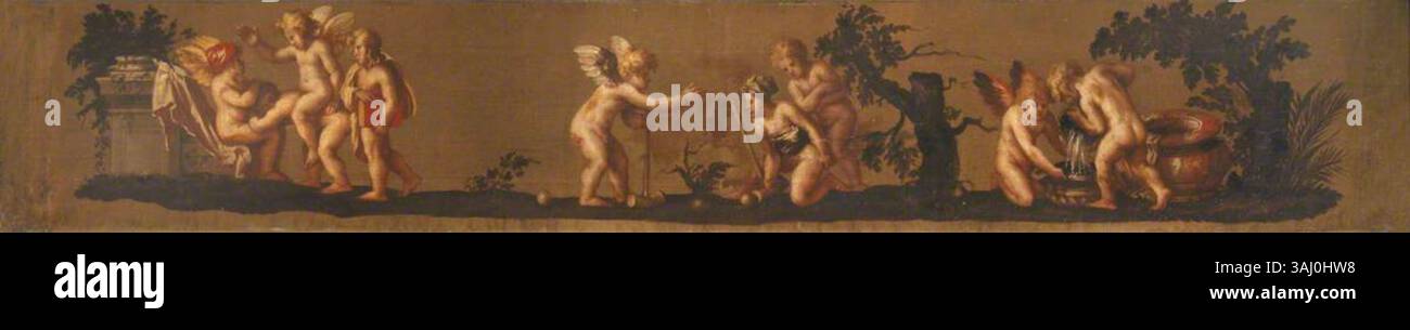 Ein Gemälde von Cupids und Putti, die Krocket und andere Spiele spielen, entstanden zwischen 1637 und 1677 nach Polidoro da Caravaggio. Dieses Öl auf Leinwand zeigt mythologische Figuren, die spielerische Aktivitäten ausüben. National Trust Collection. Stockfoto