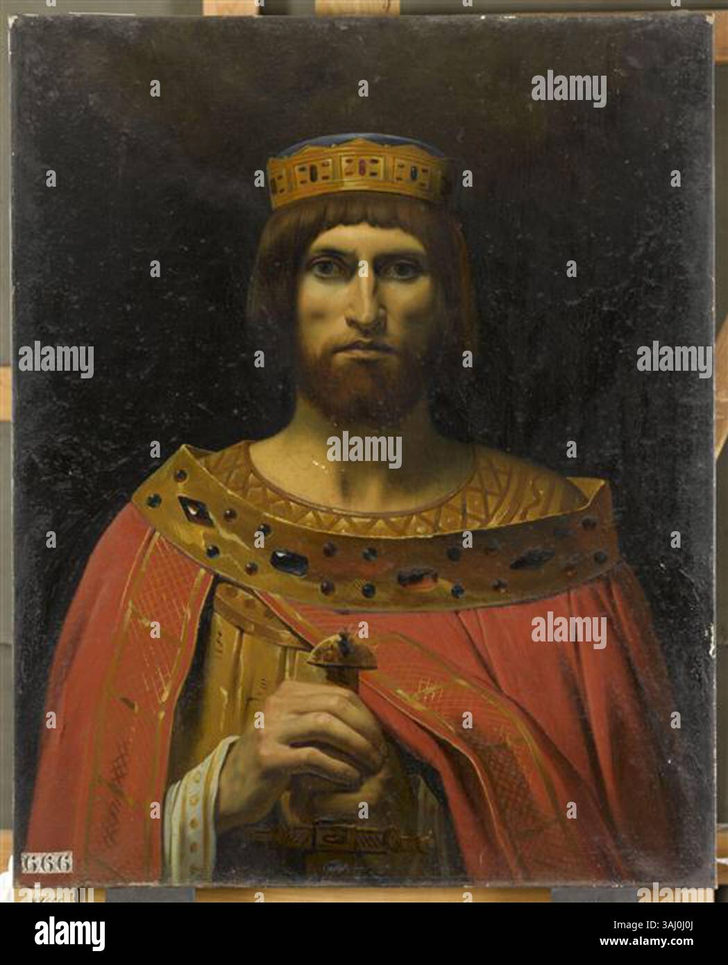 Dieses Ölgemälde von Emile Signol aus dem Jahr 1837 stellt Thierry I., König der Franken (655–691) dar. Im Auftrag von Louis Philippe I. ist es Teil einer Reihe königlicher Porträts für das Musée historique de Versailles, die das Bild französischer Könige einfangen. Sie spiegelt Signols detaillierte historische Darstellung des Monarchen wider. Stockfoto Dieses Ölgemälde von Emile Signol aus dem Jahr 1837 stellt Thierry I., König der Franken (655–691) dar. Im Auftrag von Louis Philippe I. ist es Teil einer Reihe königlicher Porträts für das Musée historique de Versailles, die das Bild französischer Könige einfangen. Sie spiegelt Signols detaillierte historische Darstellung des Monarchen wider. Stockfoto