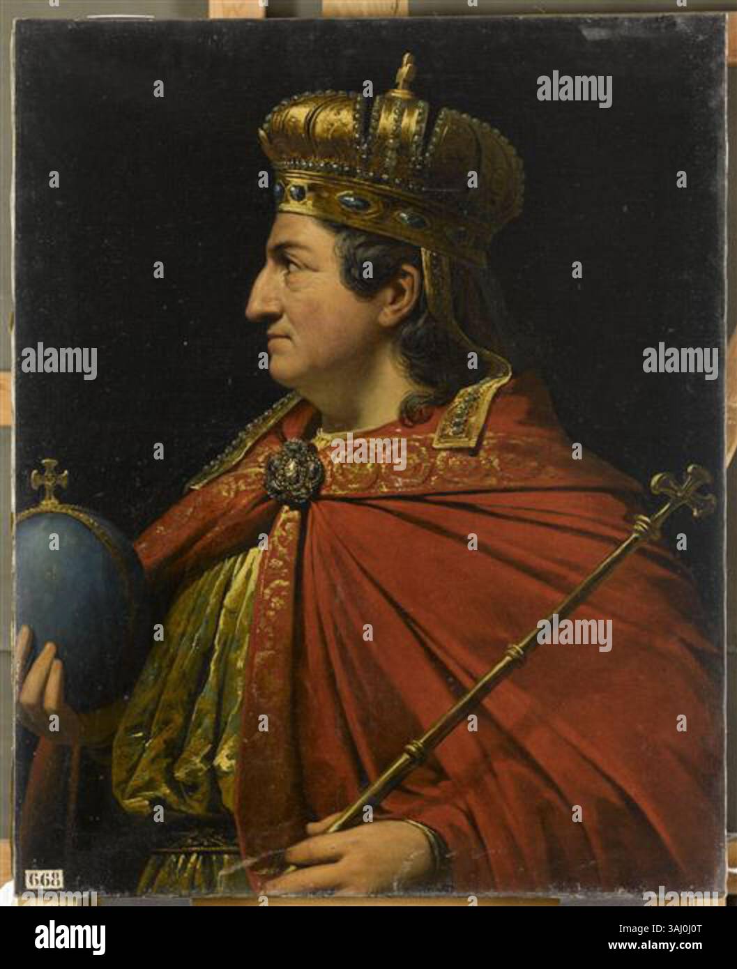 Dieses Ölgemälde von Raymond Monvoisin aus dem Jahr 1837 zeigt Childebert II., König der Franken (683–711). Es ist Teil der Serie Porträts der Könige von Frankreich, die Louis Philippe I. für das Musée historique de Versailles in Auftrag gab. Das Kunstwerk stellt eine Schlüsselfigur in der frühen französischen Königsgeschichte dar. Stockfoto