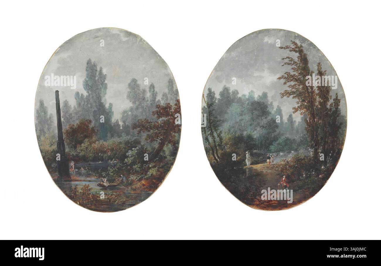 Dieses Gemälde aus dem 18. Jahrhundert von Louis-Gabriel Moreau umfasst zwei Szenen: „L'heure du bain“ (Badezeit) und „Promenade près d'un parc“ (Spaziergang in der Nähe eines Parks). Diese Szenen halten die Eleganz und Freizeit der Zeit fest und konzentrieren sich auf Momente der Entspannung im Freien. Stockfoto