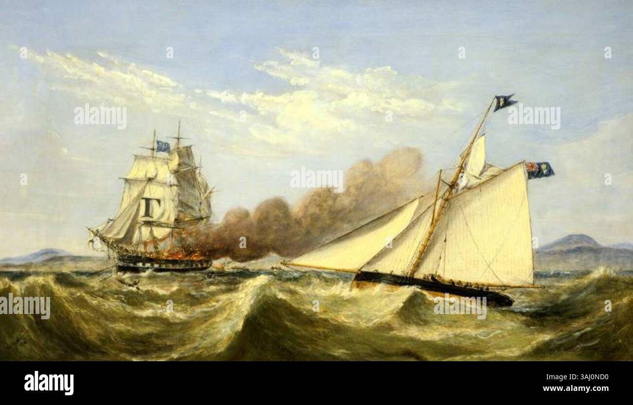 Henry Mellings Gemälde von 1848 zeigt die tragische Szene des in der Liverpool Bay brennenden „Ocean Monarch“ mit der Yacht „Queen of the Ocean“ im Vordergrund. Das Ölgemälde fängt das dramatische Ereignis ein. Stockfoto