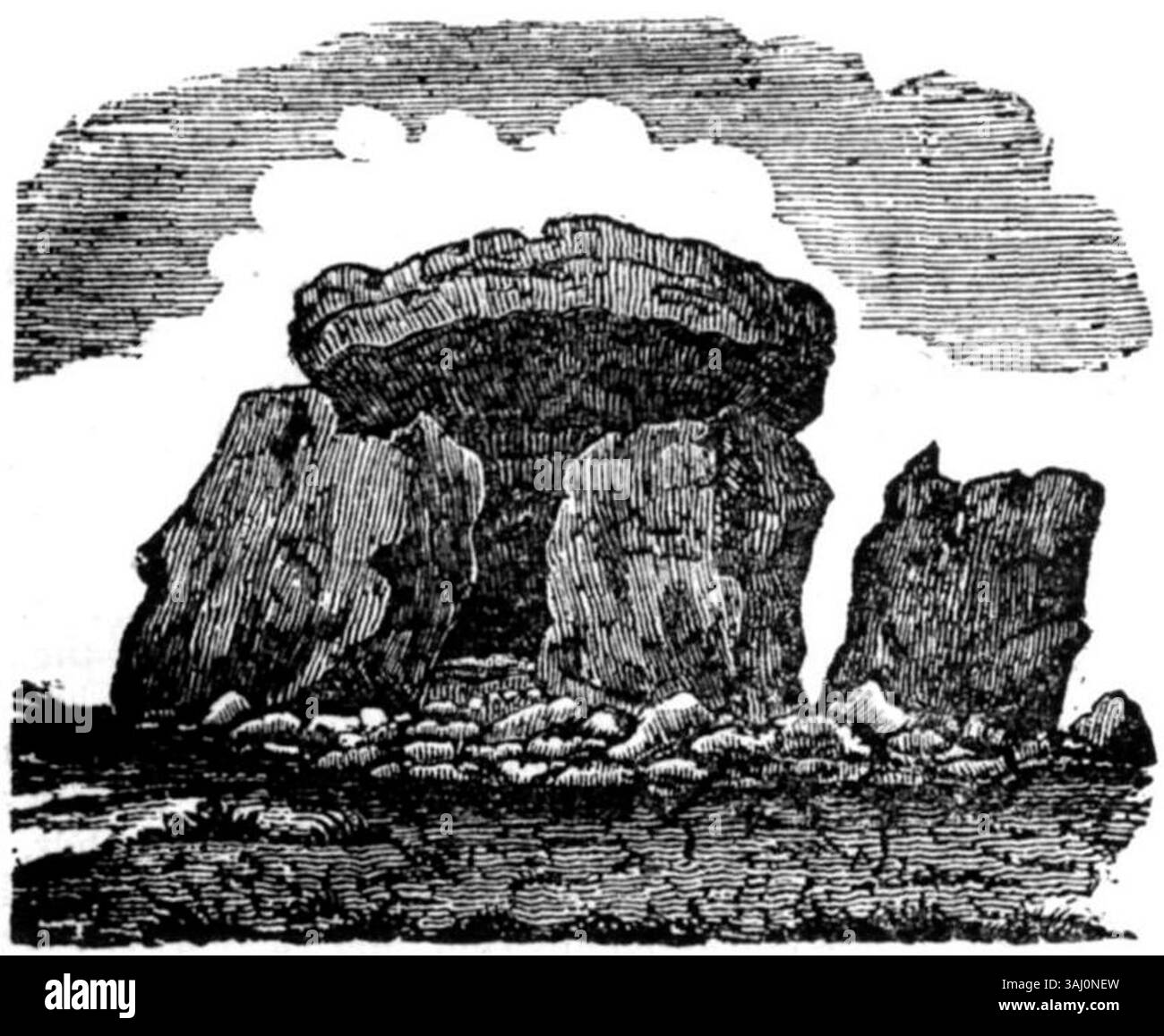 Eine Gravur des Broad Stone in der Pfarrei Finvoy, County Antrim aus dem Jahr 1834, zeigt ein historisches Bild des Steindenkmals, das von bedeutendem archäologischem und kulturellem Interesse in Irland ist. Stockfoto