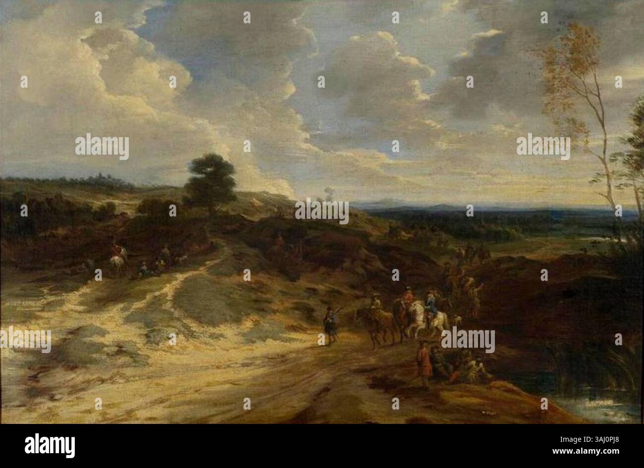 Dieses Öl auf Leinwand Gemälde von Lodewijk de Vadder, das vor 1655 geschaffen wurde, zeigt Soldaten in einer Landschaft und demonstriert die Fähigkeit des Künstlers, historische militärische Szenen in natürlichen Umgebungen einzufangen. Stockfoto