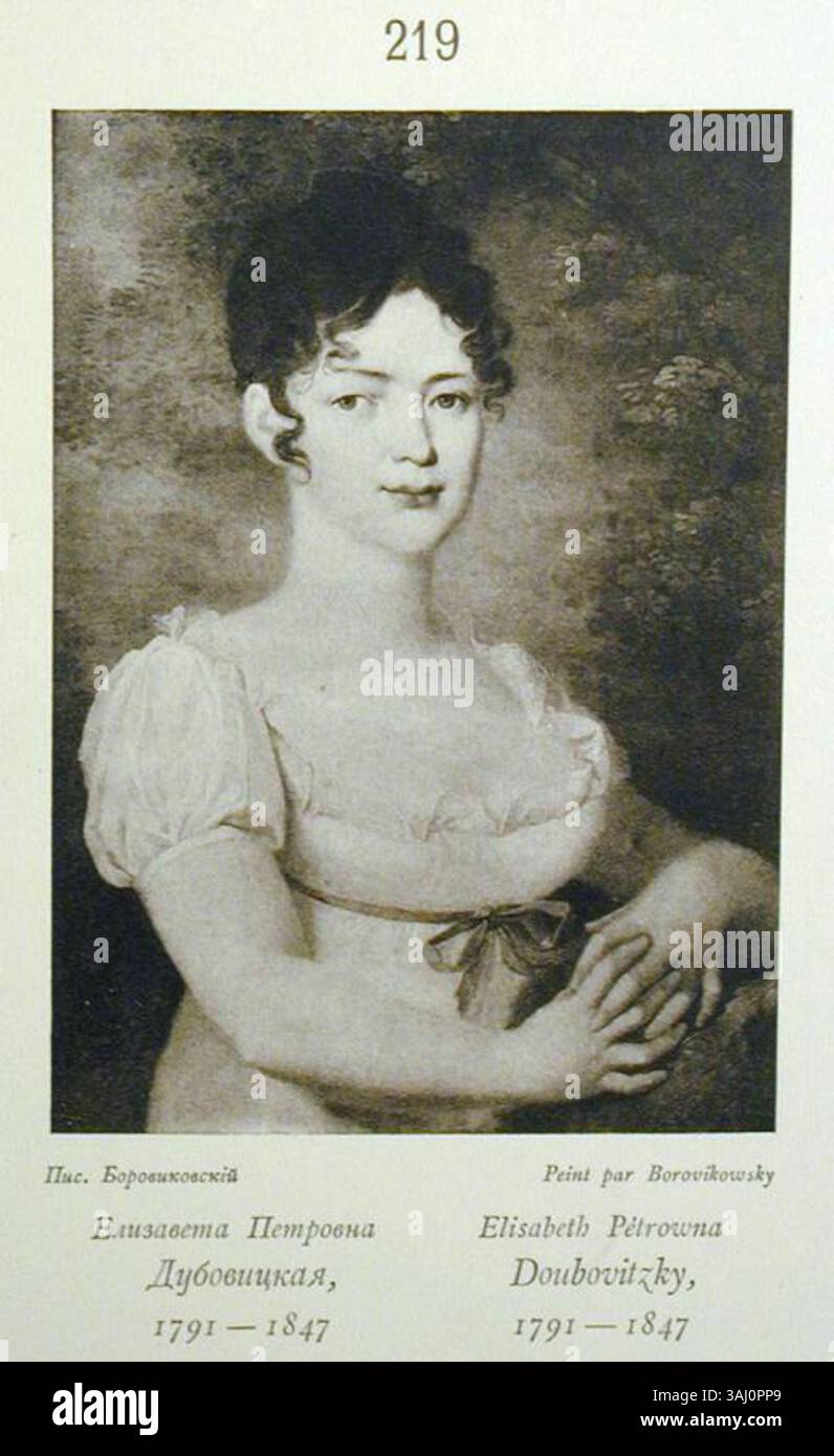 Dieser Stich von Vladimir Borovikowski aus dem Jahr 1909 zeigt die Elisaveta Petrowna Dubovitskaia, eine bemerkenswerte Figur aus den Jahren 1791–1847. Die Gravur fängt ihr Bild mit charakteristischer Finesse ein, wie es in Borovikowskys Porträtarbeiten üblich war. Stockfoto