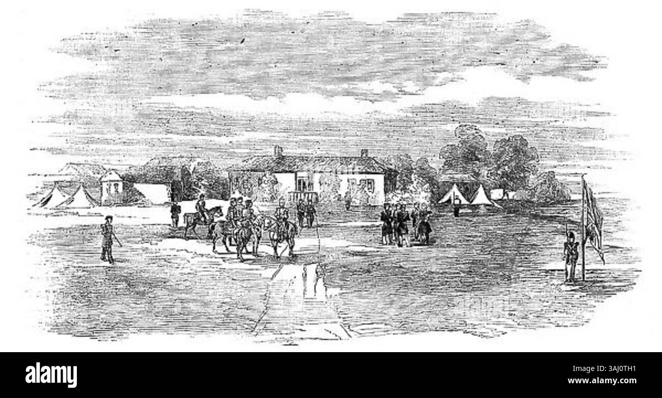 Abbildung des Hauptquartiers von Lord Raglan in der Nähe von Balaclava auf der Krim nach einem Entwurf von Lieutenant Montagu O’Reilly aus dem Jahr 1854. Die Szene umfasst ein langes, villenähnliches Haus, das von Zelten umgeben ist und teilweise mit Weinstöcken bedeckt ist und ein militärisches Lager während des Krimkrieges zeigt. Stockfoto