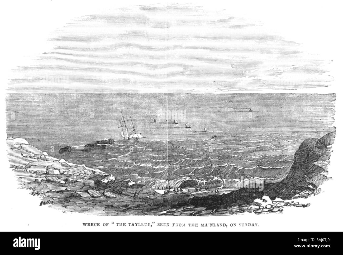 Das Bild zeigt das Wrack des „Tayleur“ vom Festland aus gesehen, nachdem es 1854 vor Lambay Island auf Grund lief. Über dieses tragische Ereignis wurde weithin berichtet, wobei die Illustrated London News die Szene für ihre Leser einfangen. Das Wrack bedeutete eine große Katastrophe auf See. Stockfoto