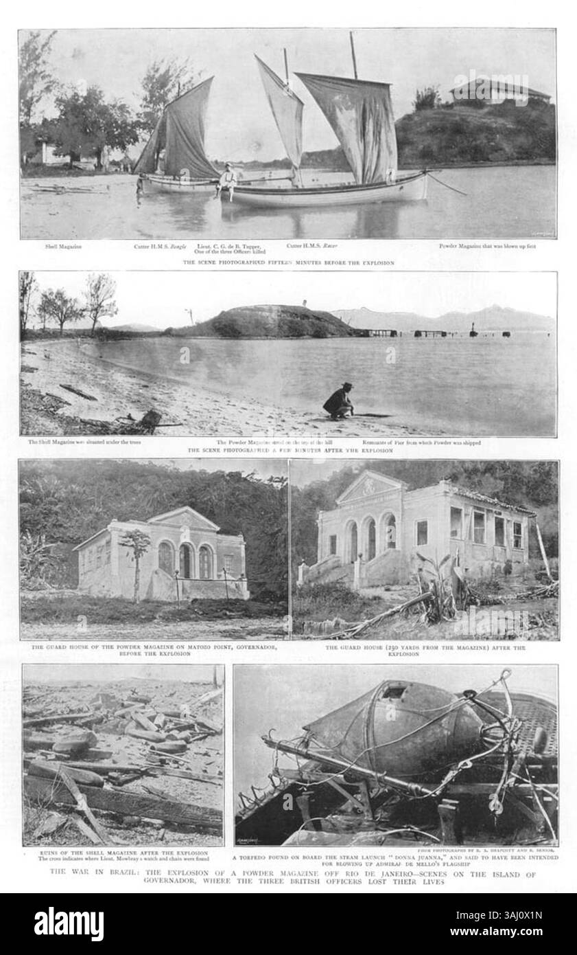 Dieser Holzstich aus dem Jahr 1893 zeigt die Explosion eines Pulvermagazins vor Rio de Janeiro während des Krieges in Brasilien, der zum Tod von drei britischen Offizieren auf der Insel Governador führte. Stockfoto
