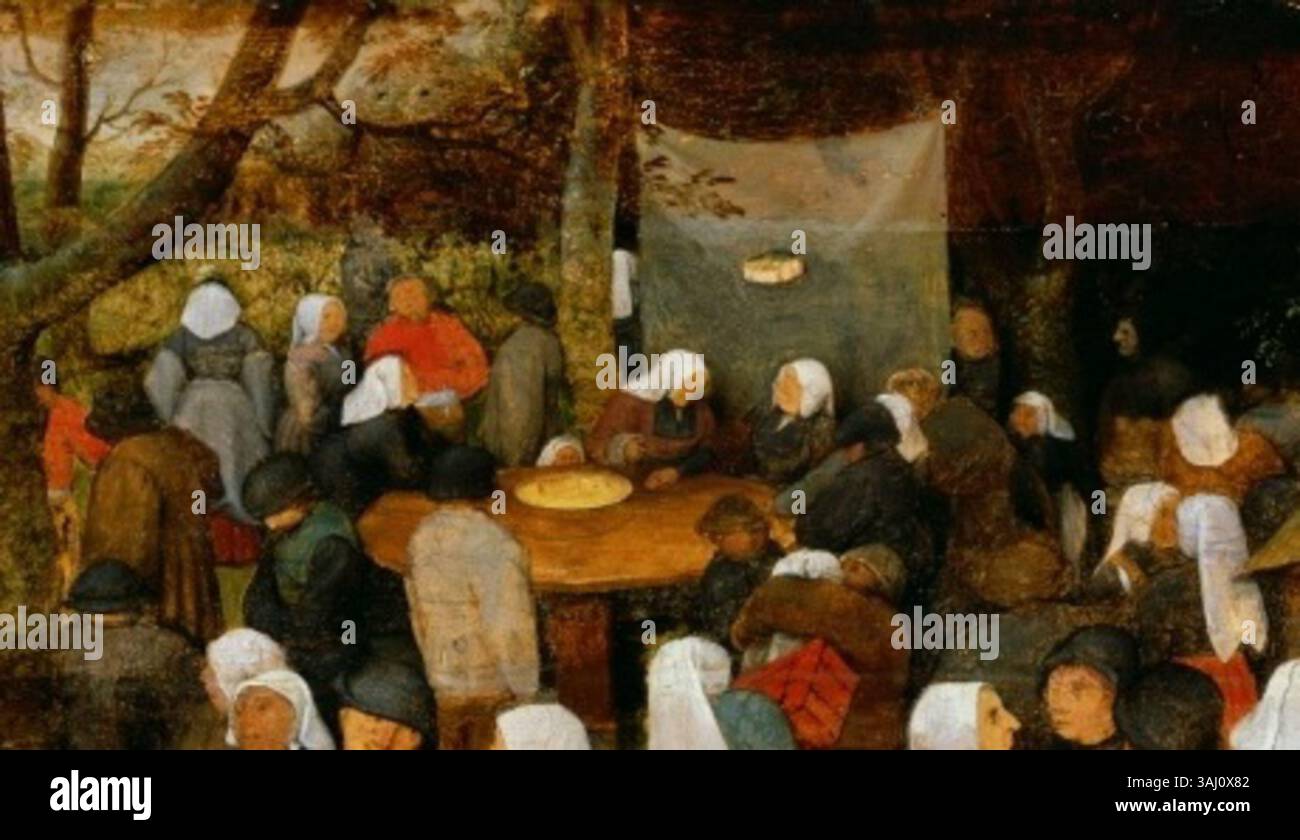 Ein Teil von *der Hochzeitstanz* von Pieter Bruegel dem Älteren, der sich auf den Tisch der Braut konzentriert. Das Gemälde, das um 1566 entstanden ist, fängt einen Moment der ländlichen Feier während einer Hochzeit ein und unterstreicht die Position der Braut im fest. Stockfoto