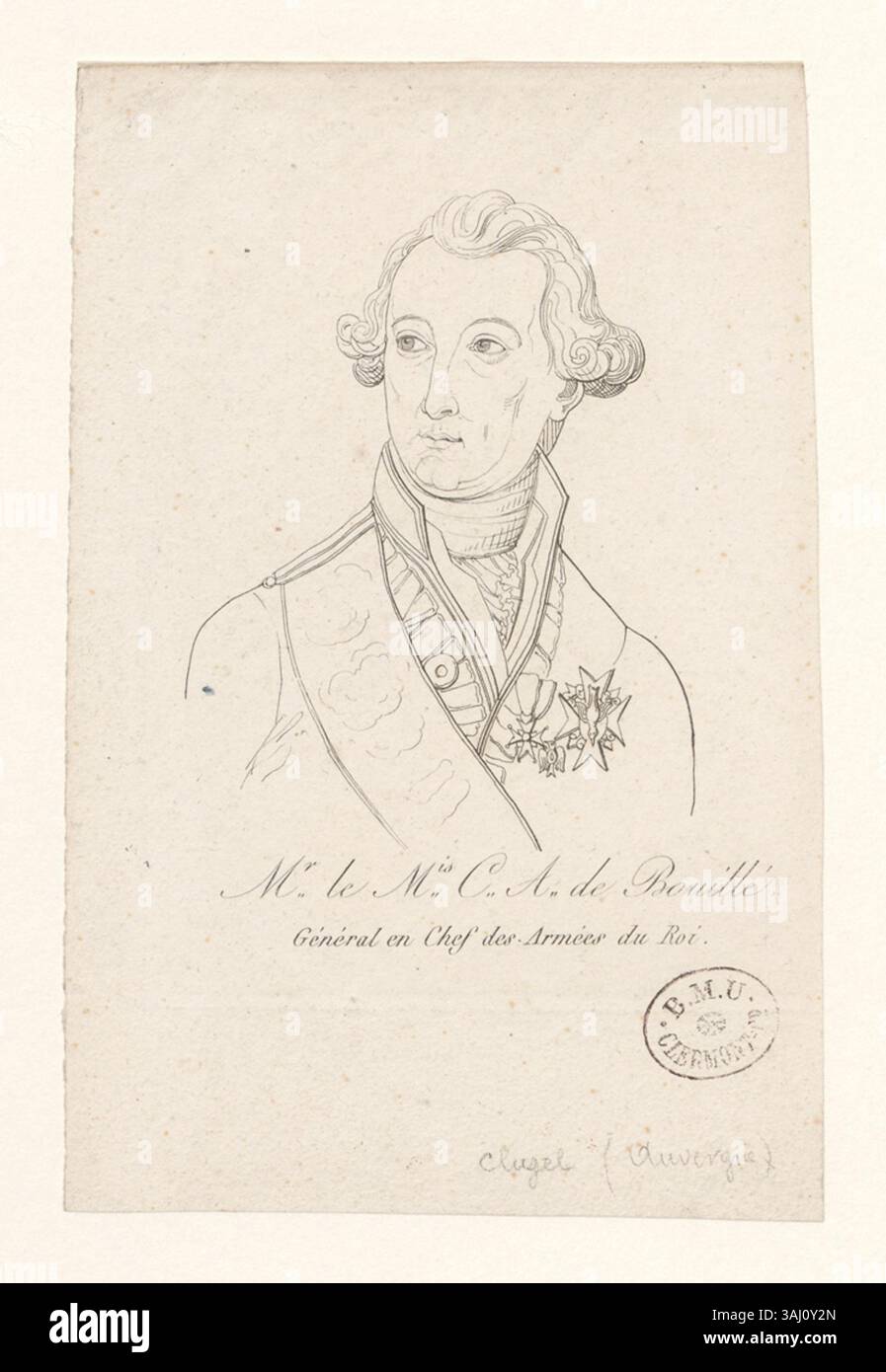 Tiefdruck aus der Sammlung Boyer, der Francois Claude Amour, Marquis de Bouillé, als General-in-Chief der Armeen des Königs darstellt, eine Rolle, die er während der Französischen Revolution innehatte. Stockfoto