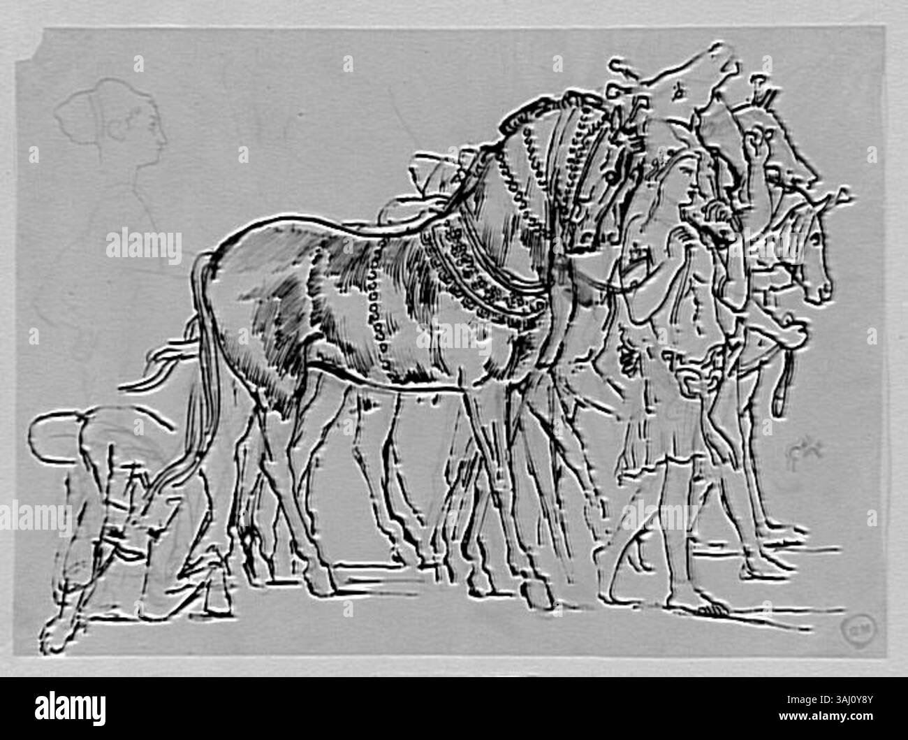 Diese Studie von Gustave Moreau, die zwischen 1850 und 1895 erstellt wurde, zeigt eine Gruppe von Pferden, die von Figuren begleitet werden. Es spiegelt Moreaus Interesse an dynamischen Kompositionen und seiner Erforschung von Tieren in der Kunst sowie der menschlichen Figur wider. Das Stück ist im Musée Gustave Moreau untergebracht. Stockfoto