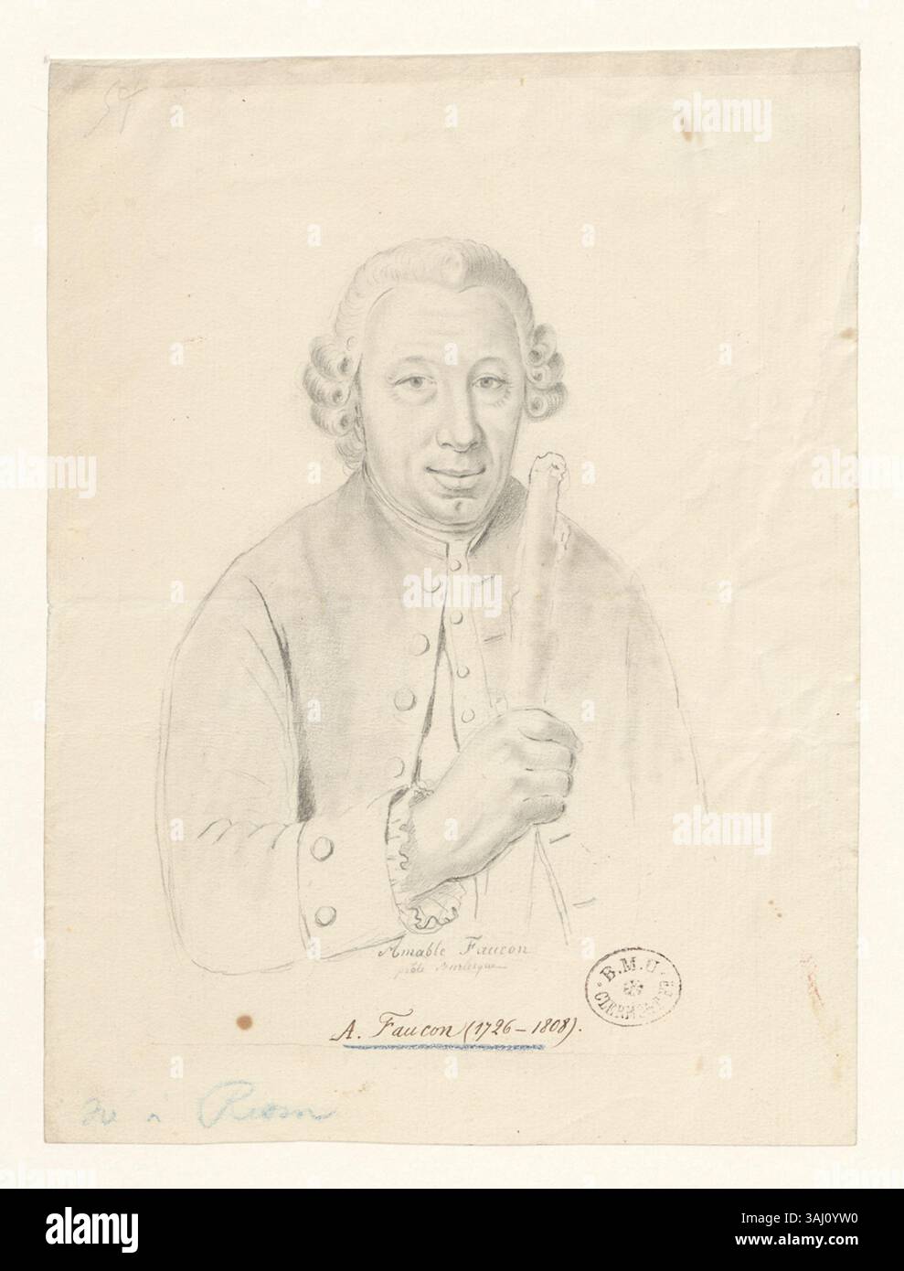 Eine Zeichnung von Amable Faucon, die seine Persönlichkeit als burlesken Dichter darstellt. Faucons einzigartiger künstlerischer Stil verbindet Humor und Eleganz, der in diesem Werk zum Ausdruck kommt. Stockfoto