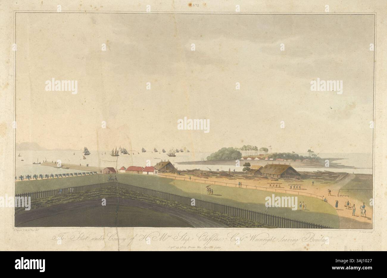 Dieser farbige Aquatint von J. Clark, der nach Robert Temple entstand, zeigt H.M.S. Chiffone, der Bombay am 14. September 1809 verließ. Die Szene zeigt die britische Flotte unter Konvoi am Apollo-Tor vorbei, einem bemerkenswerten Moment aus dem Feldzug gegen arabische Piraten, mit Schwerpunkt auf militärischen Aktivitäten der Marine. Stockfoto