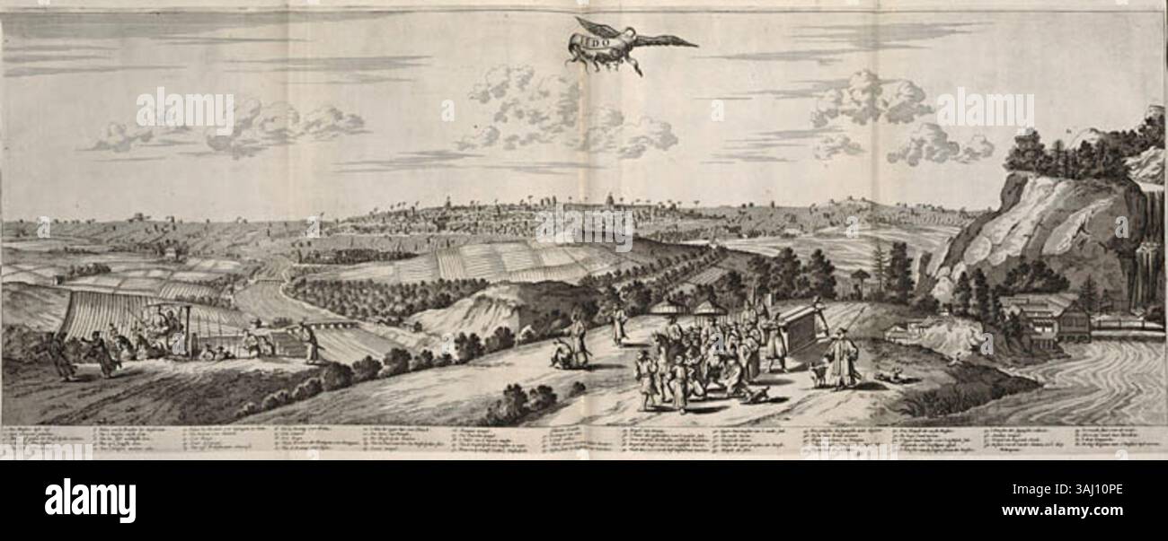 Ab dem frühen 17. Jahrhundert diente Edo (heute Tokio) als Regierungssitz für die Tokugawa-Shoguns, die Japan bis 1868 regierten. Edo entwickelte sich schnell zur größten Stadt Japans und war Anfang des 18. Jahrhunderts wohl die größte Stadt der Welt. Während ihrer Besuche wohnten die Holländer in einem ausgewiesenen gasthaus, dem Nagasakiya. Stockfoto