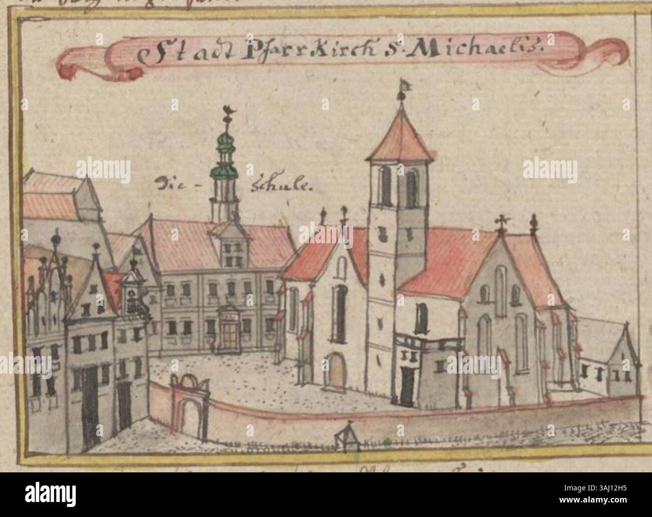 Diese Zeichnung von Friedrich Bernhard Werner aus dem 18. Jahrhundert stellt die St. Michael-Kirche in Strehlen dar, die 1945 zerstört wurde. Die Zeichnung erfasst die architektonischen Merkmale der Kirche. Stockfoto