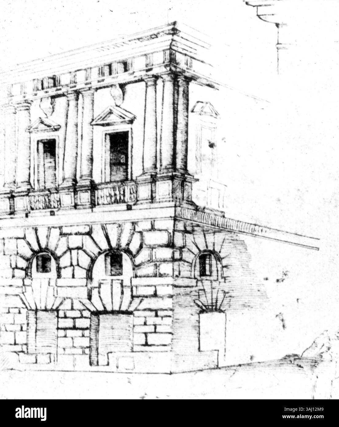 Entwurf für den Palazzo Caprini, ein Gebäude von Andrea Palladio aus dem 16. Jahrhundert. Der architektonische Plan zeigt Palladios charakteristischen klassischen Stil mit harmonischen Proportionen und symmetrischen Designelementen, die typisch für die Renaissance sind. Stockfoto