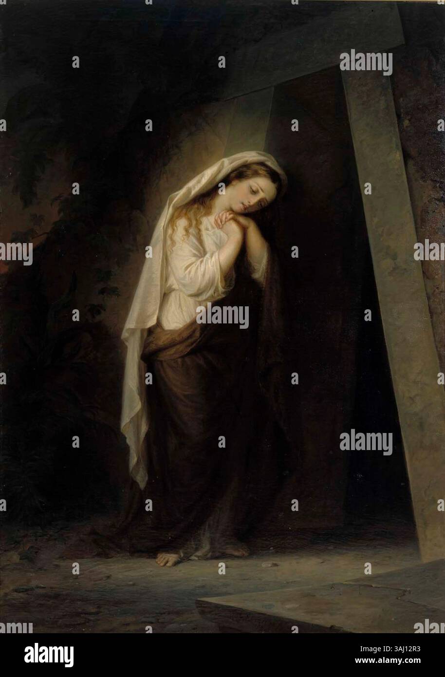 Robert Wilhelm Ekmans Gemälde „Maria Magdalena am Grab Christi“ aus dem Jahr 1869 zeigt den emotionalen Moment der Trauer Maria Magdalena um das Grab Jesu. Das Öl auf Leinwand fängt das düstere, religiöse Thema in einem Moment persönlicher Trauer ein. Stockfoto