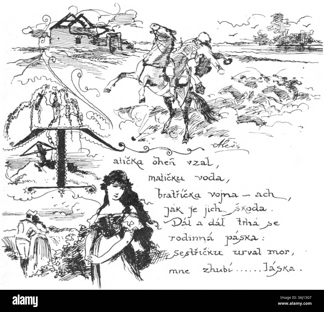 Diese Abbildung zeigt ein tschechisches Volkslied von Mikolá Ale, das vor 1913 entstand. Das Bild interpretiert visuell das Wesen des traditionellen Liedes und bietet einen Einblick in tschechische kulturelle Ausdrucksformen durch Kunst. Stockfoto