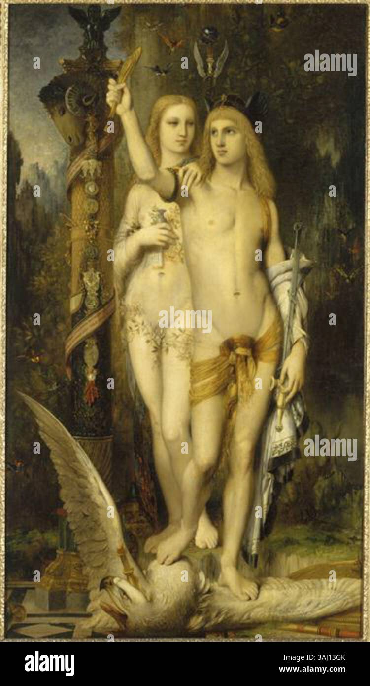 „Jason ou Jason et Médée“ von Gustave Moreau zeigt eine mythologische Szene mit Schwerpunkt auf Jason und Medea. Das symbolische Gemälde enthält Motive wie das goldene Vlies, einen Adler und verschiedene klassische Elemente, die die tragische Natur des Mythos einfangen. Stockfoto