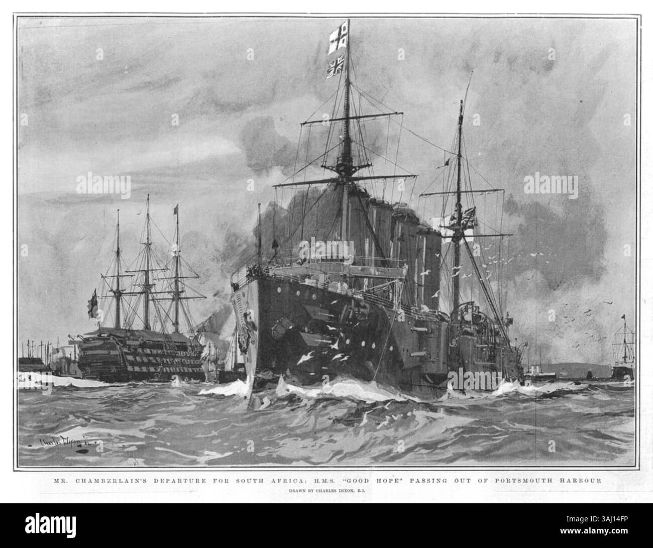 Dieser Holzstich, veröffentlicht am 29. November 1902 in *The Graphic*, zeigt die Abreise von Mr. Chamberlain nach Südafrika an Bord der HMS *Good Hope*. Das Schiff verlässt den Hafen von Portsmouth inmitten eines historischen Moments der britischen Kolonialgeschichte. Stockfoto