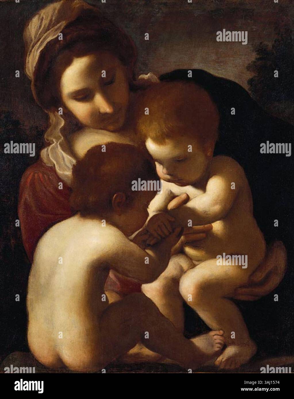 Dieses religiöse Gemälde, das zwischen 1630 und 1699 nach Guercino entstanden ist, zeigt die Madonna und das Kind mit dem Kleinkind Johannes dem Täufer in einer heiligen Umgebung. Stockfoto