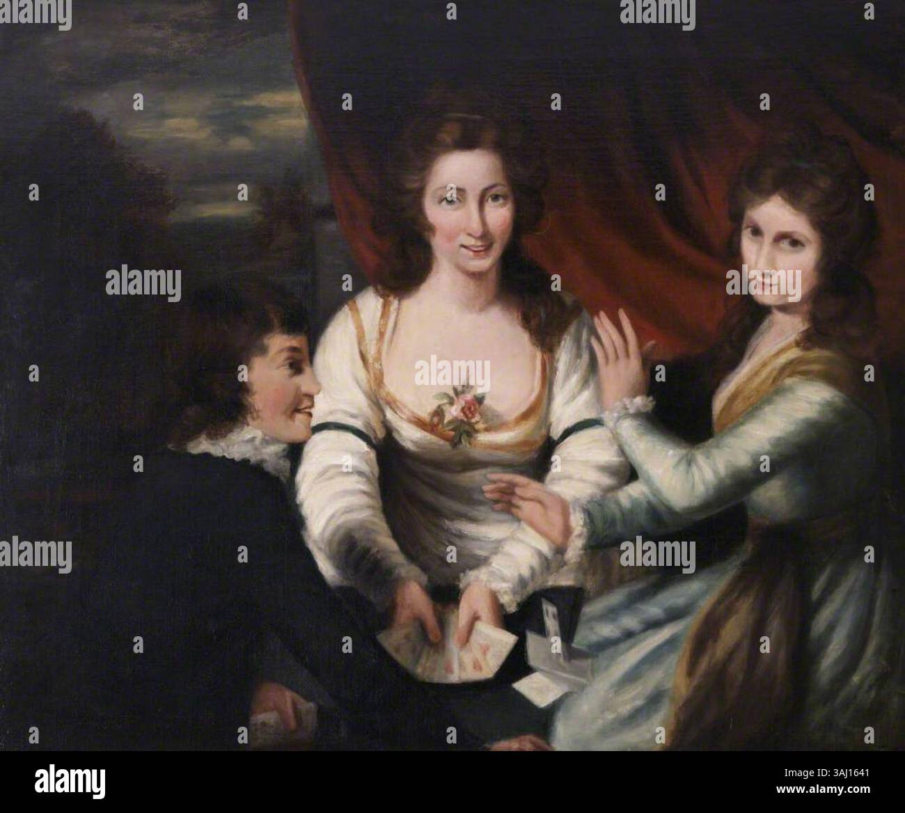 Dieses Gemälde mit dem Titel „Pam and Flush at Loo“ von John Opie, das zwischen 1782 und 1785 entstanden ist, zeigt eine spielerische Szene von Kartenspielern mit einem Hund, die die informelle soziale Aktivität der damaligen Zeit festgehalten hat. Stockfoto