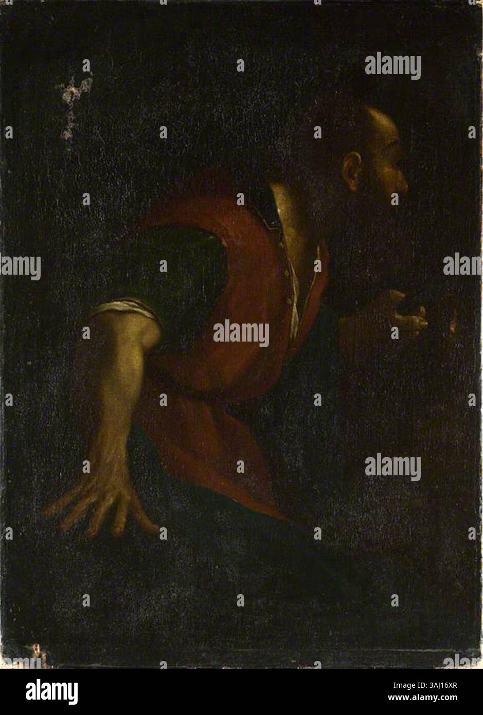 Dieses Öl-auf-Leinwand-Gemälde, das zwischen 1617 und 1664 entstand, ist nach dem italienischen Künstler Guercino entstanden. Es zeigt einen bärtigen Mann mit einer Lampe, ein gängiges Motiv in der Barockkunst, mit dramatischer Beleuchtung und detailliertem Ausdruck. Stockfoto