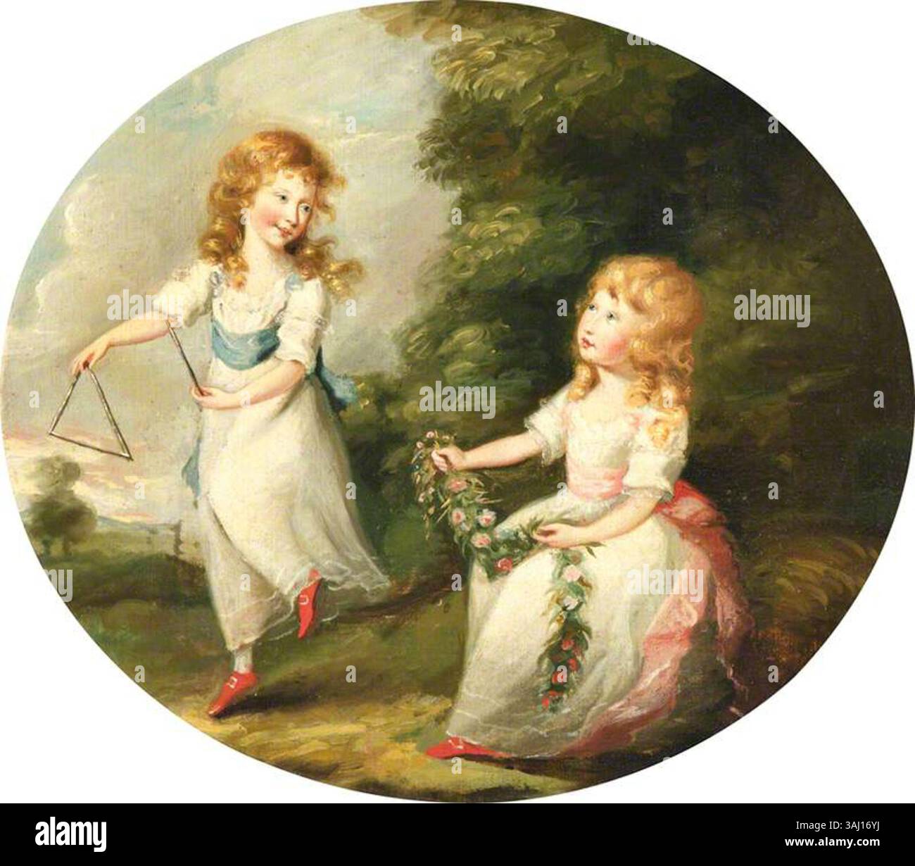 Dieses um 1800 entstandene Porträt der British School zeigt Charlotte Wheeler und ihre Schwester Penelope, später Mrs. Charles Craven. Die Ölgemälde auf Leinwand fängt beide Schwestern in einem raffinierten Stil des frühen 19. Jahrhunderts ein. Stockfoto