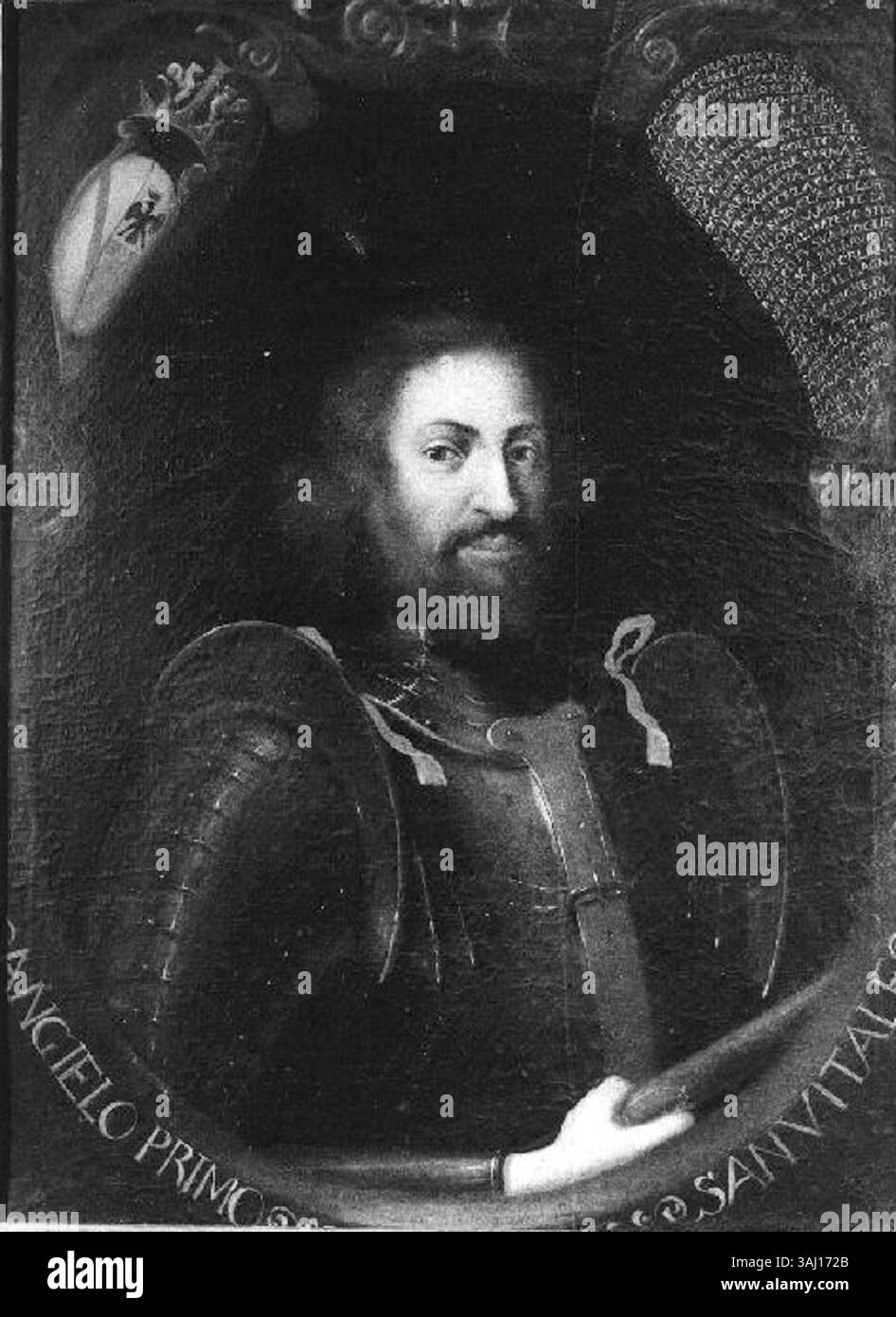 Dieses Porträt von Angelo I. Sanvitale aus dem 15. Jahrhundert in Rüstung unterstreicht seine militärische Stellung und seine edle Stellung. Das Kunstwerk veranschaulicht den Stil der Spätgotik oder Frührenaissance und betont Stärke und Autorität. Stockfoto