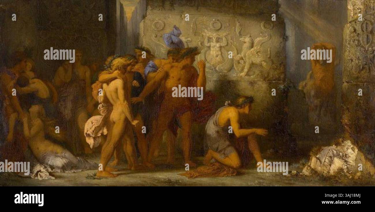 In „Les Athéniens livrés au Minotaure“ zeigt Gustave Moreau einen dramatischen Moment aus der griechischen Mythologie, in dem die Athener dem Minotauren angeboten werden. Die Szene vermittelt Angst, Chaos und den menschlichen Zustand im mythologischen Kontext. Stockfoto