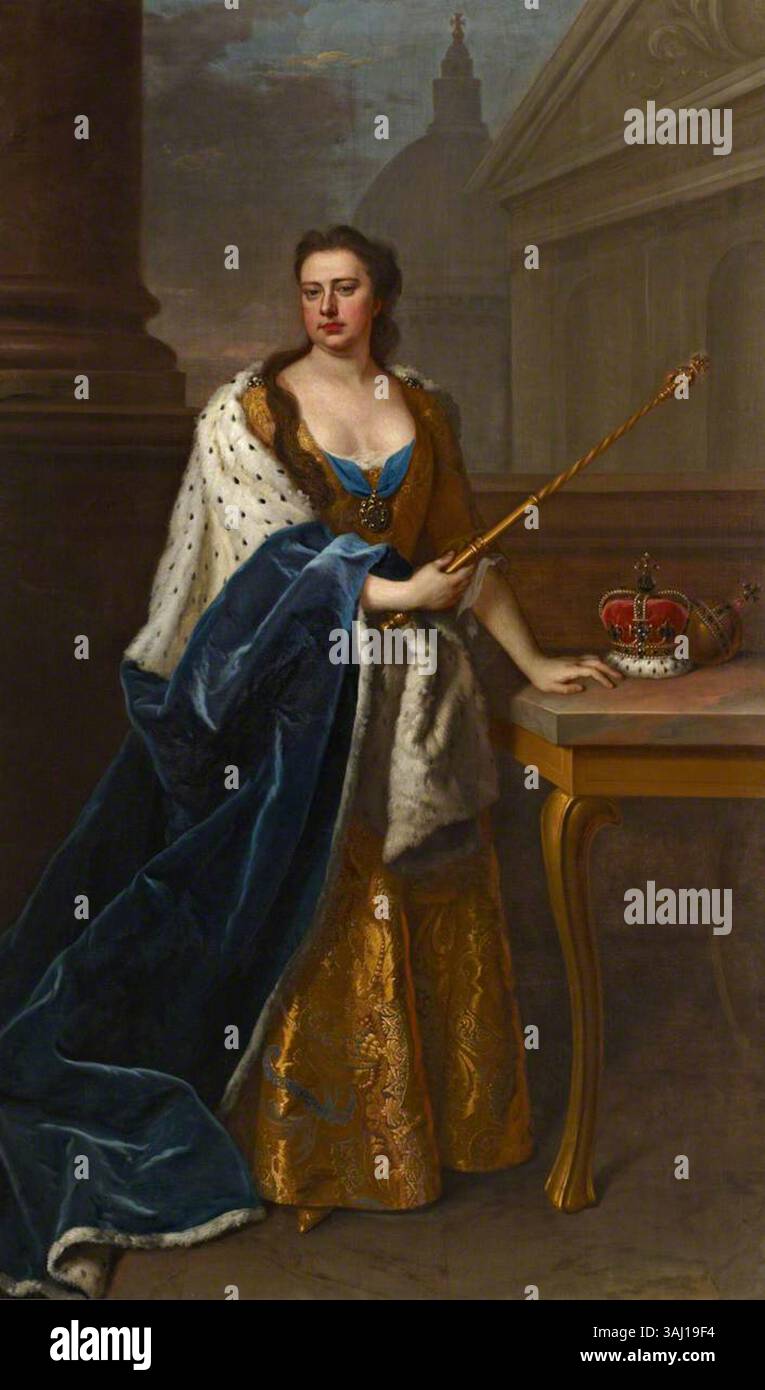 Dieses Porträt der Königin Anne (1665–1714) entstand um 1714 im Atelier von Michael Dahl. Das Öl auf Leinwand fängt Königin Anne in einer königlichen Pose mit der unverwechselbaren Mode und Pracht des frühen 18. Jahrhunderts ein. Das Porträt spiegelt die Größe und Autorität der Königin als Monarch während ihrer Regierungszeit wider. Stockfoto