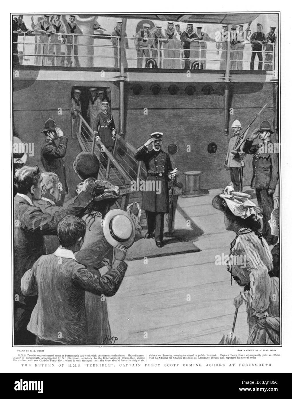 Dieser Holzstich zeigt Captain Percy Scott von der HMS „schrecklich“, die in Portsmouth an Land kommt, ein Ereignis, das in der Graphic am 27. September 1902 illustriert wird. Der Abdruck fängt eine Homecoming der Marine ein. Stockfoto