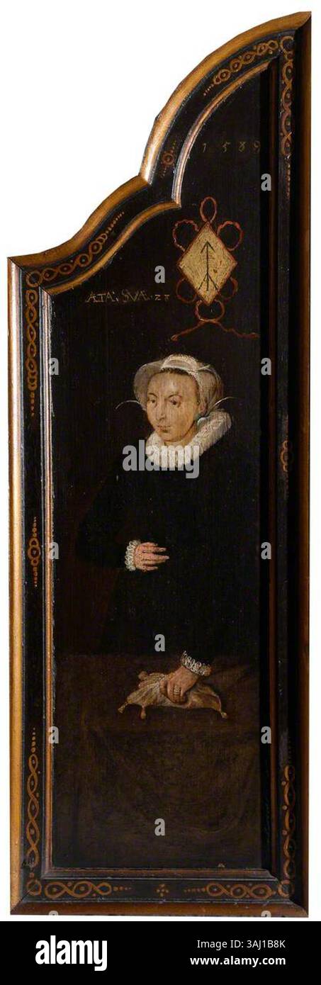 Dieses flämische Gemälde aus dem Jahr 1589, Teil des „Epiphany Triptychons“, zeigt das Porträt der Frau des männlichen Spenders, das in Öl auf der Tafel gemalt ist. Es ist Teil eines religiösen Triptychons, das komplizierte Details und Symbolismus zeigt. Stockfoto