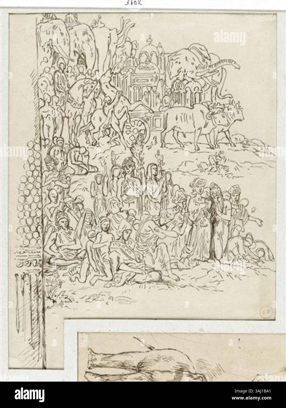 Diese Studie von Gustave Moreau stellt eine Gruppe indischer Figuren in einer exotischen Szene dar, mit einem Wagen, der von Zebu-Rindern gezeichnet wird. Er wurde zwischen 1850 und 1895 geschaffen und ist Teil seines Entwurfs für „Le Triomphe d’Alexandre“, das sein Interesse an historischen und exotischen Themen widerspiegelt. Stockfoto