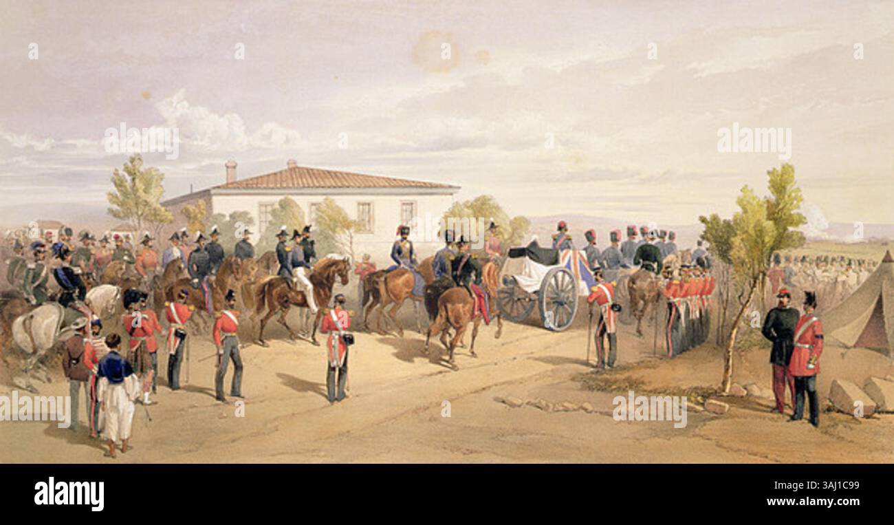Diese Lithografie aus dem Jahr 1856 zeigt die Beerdigung von Lord Raglan, dem britischen Befehlshaber während des Krimkrieges, der sein Hauptquartier in Sewastopol verließ. Das Bild fängt die düstere Atmosphäre der Prozession ein. Stockfoto