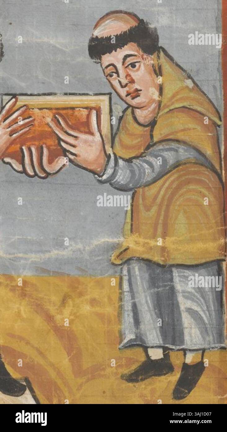 Diese Handschrift aus dem frühen 9. Jahrhundert, die Rabanus Maurus zugeschrieben wird, ist eine Tinte auf Pergamentarbeiten in der Österreichischen Nationalbibliothek. Es ist ein Schlüsselbeispiel für mittelalterliche Stipendien. Stockfoto