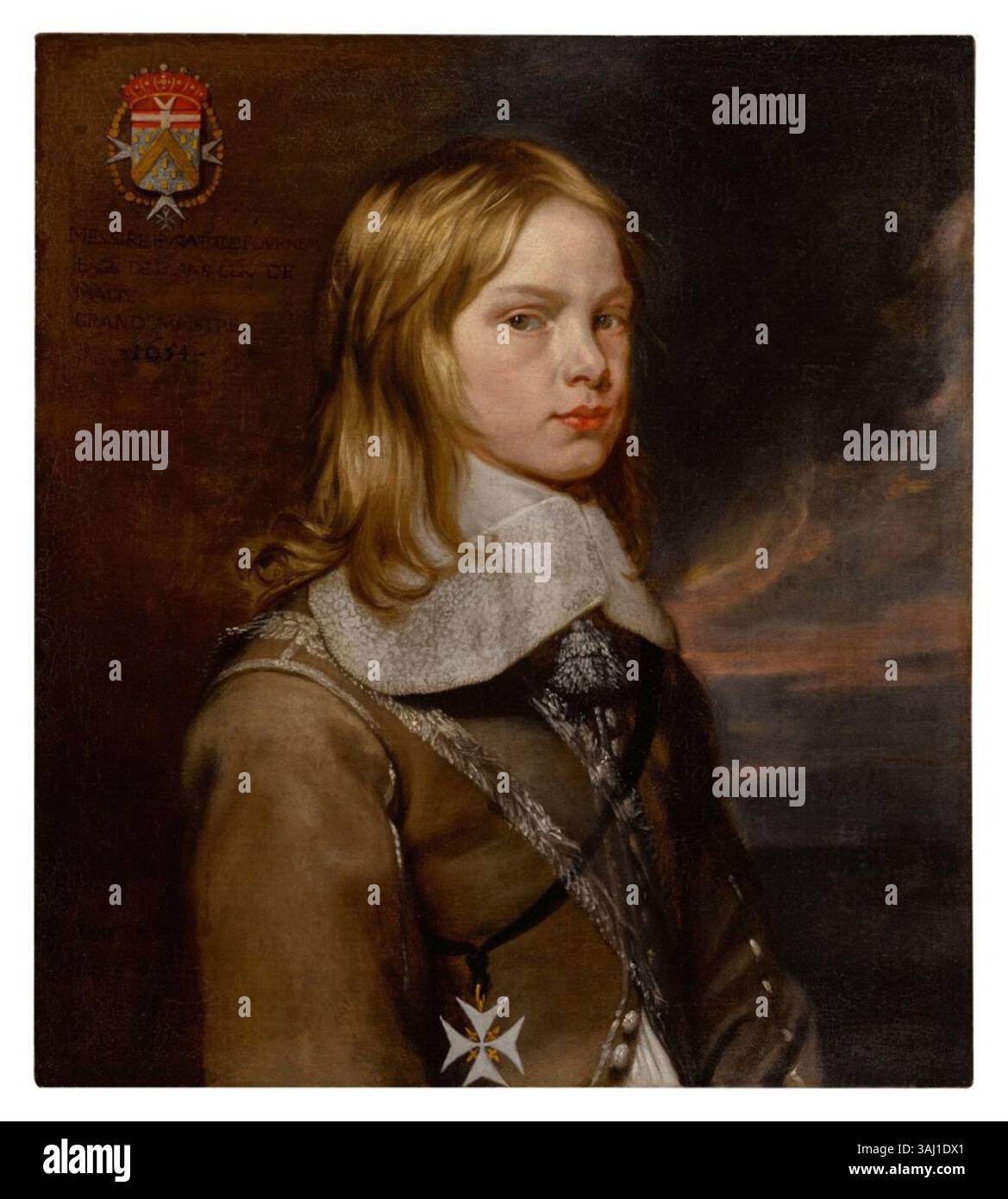 Dieses Porträt von Charles Wautier aus dem Jahr 1654 zeigt Baron Evrard de Fourneau de Cruyckenbourg im Alter von 13 Jahren, der den Orden der Malteserritter trägt. Das von Wautier signierte und datierte Ölgemälde wird vom Wappen des Sitters begleitet und bietet einen detaillierten Blick auf die Kleidung und Wappensymbole des jungen Adels. Stockfoto