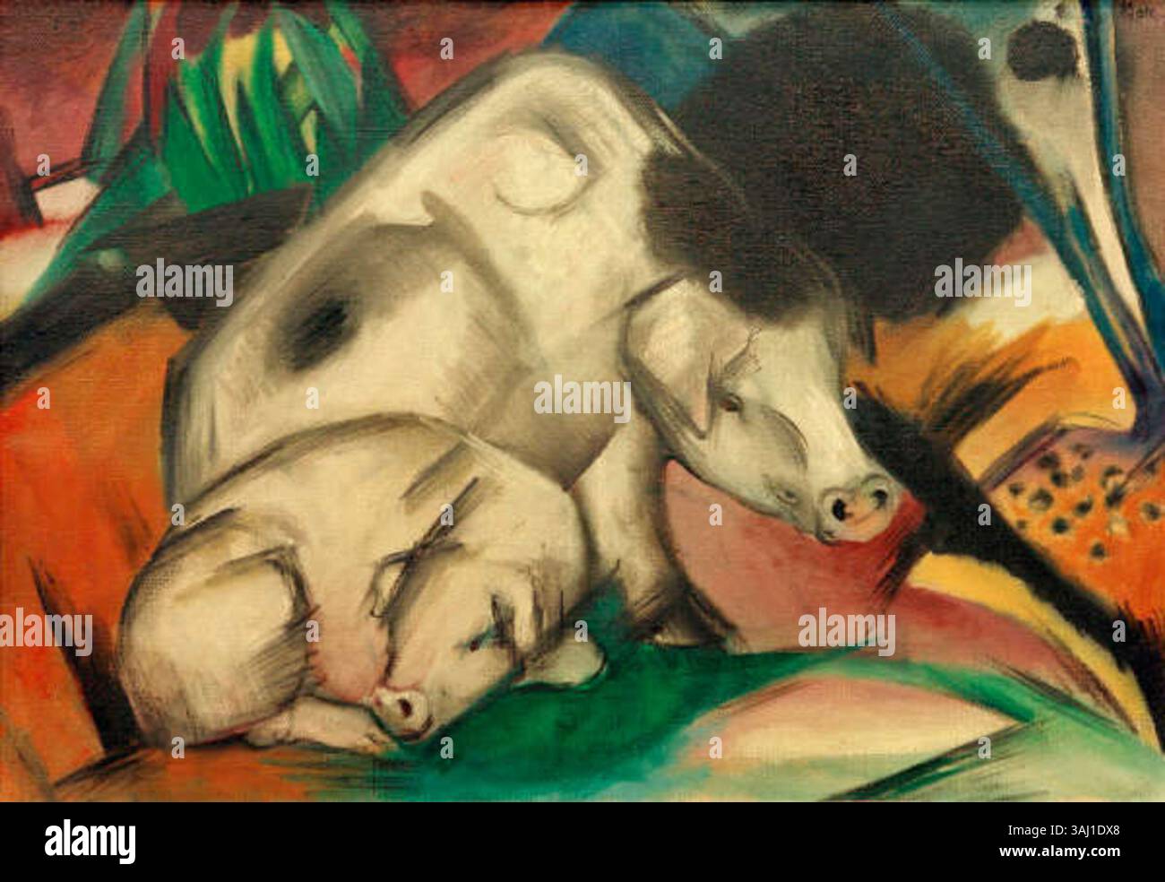 Schweine ist ein Ölgemälde des deutschen Künstlers Franz Marc aus dem Jahr 1912, das seinen unverwechselbaren Expressionismus und seine Auseinandersetzung mit Tieren in der Kunst zeigt. Stockfoto