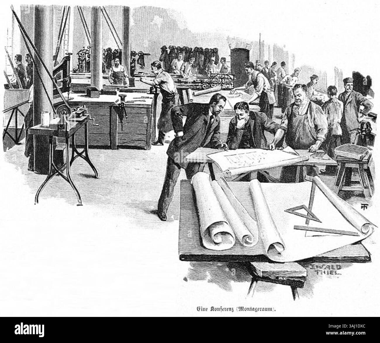 Dieses Gemälde von Ewald Thiel aus dem Jahr 1898 zeigt eine Konferenz in der Werkstatt der Schmiedewerkstatt von Ed Puls in Berlin. Das Kunstwerk fängt einen Moment im industriellen Zeitalter ein und veranschaulicht die Menschen, die in einem kollaborativen Arbeitsumfeld involviert sind. Stockfoto