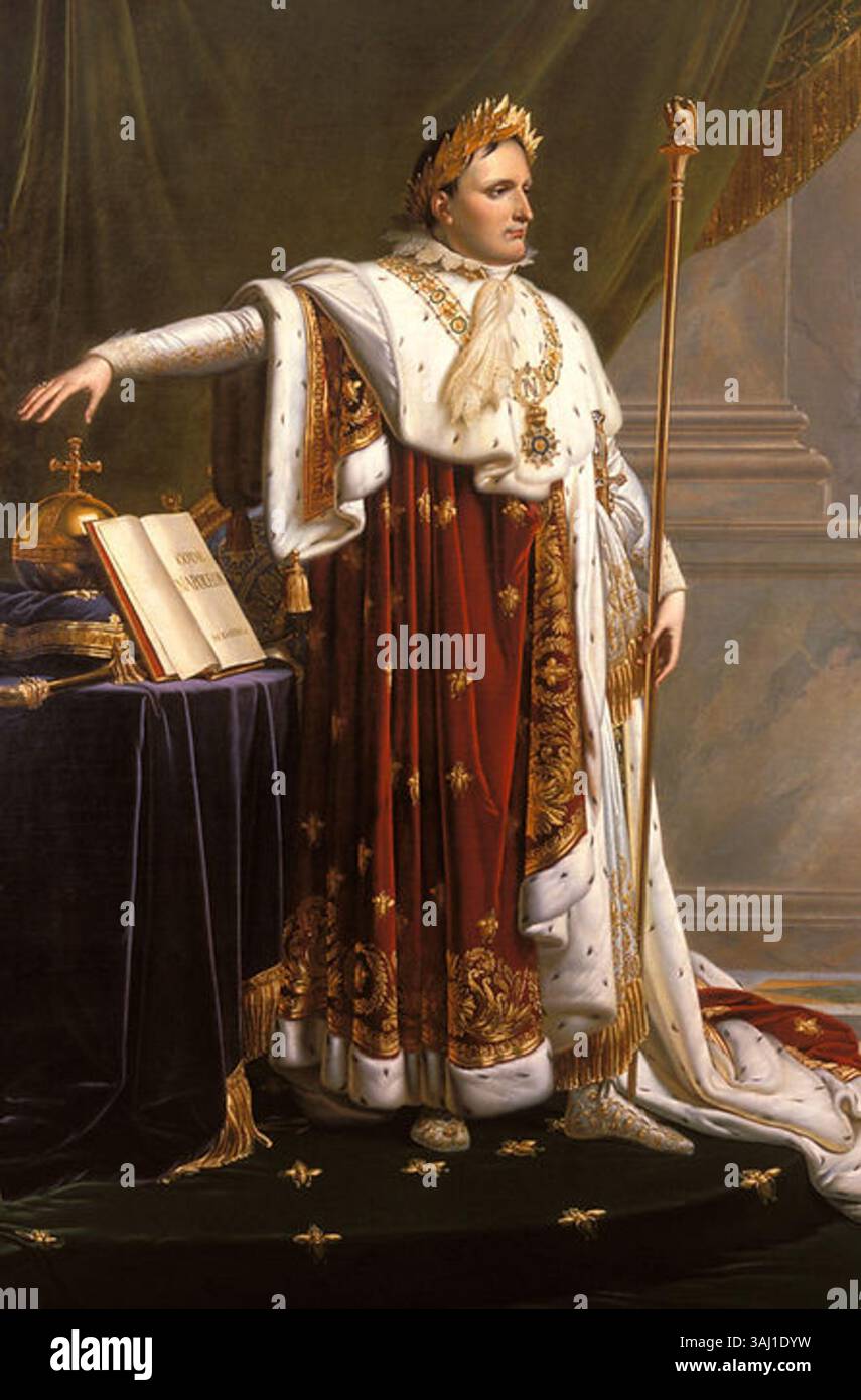 Anne-Louis Girodet de Roussy-Triosons Gemälde „Napoléon en Kostüm de sacre“ aus dem 19. Jahrhundert zeigt Napoleon Bonaparte in seinen Krönungsgewändern. Das Öl auf Leinwand ist Teil der Sammlung Musée Napoléon, die die kaiserliche Pracht des französischen Kaisers veranschaulicht. Stockfoto