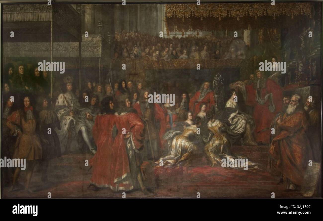 David Klöcker Ehrenstrahls Gemälde zeigt die Krönung von Königin Ulrika Eleonora. In Öl auf Leinwand gemalt, fängt es die Feierlichkeit des Ereignisses ein und hebt die Kleidung der Königin und die Pracht der Zeremonie hervor. Das Kunstwerk ist Teil der Sammlung des Nationalmuseums. Stockfoto