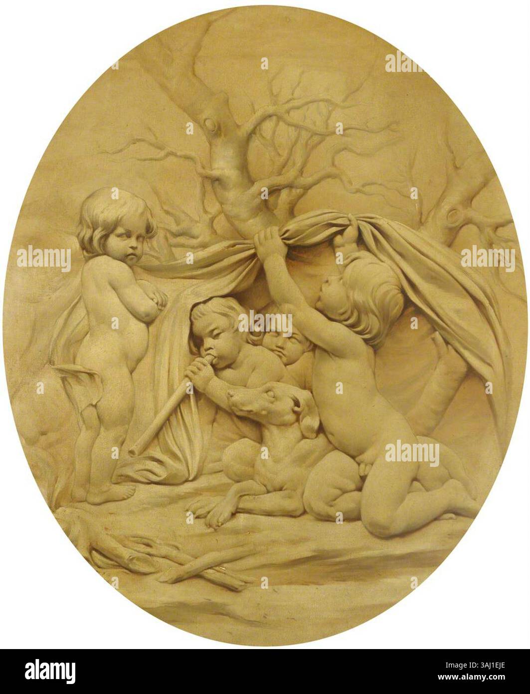 Dieses allegorische Ölgemälde, das nach Edmé Bouchardon entstanden ist, zeigt Putten, die im Winter vor einem Feuer geschützt sind, als Teil der Serie „Four Seasons“. Es wurde zwischen 1800 und 1958 gemalt und befindet sich in der Sammlung des National Trust. Stockfoto