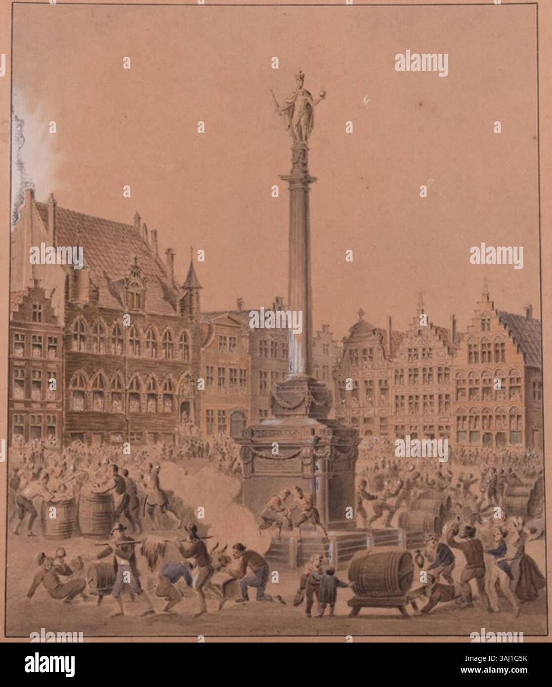 Feier des Widerrufs der Erlasse Kaiser Josephs II. Auf dem Vrijdagmarkt in Gent 1787, in Aquarellen dargestellt. Das Ereignis markierte einen bedeutenden politischen Wandel. Stockfoto