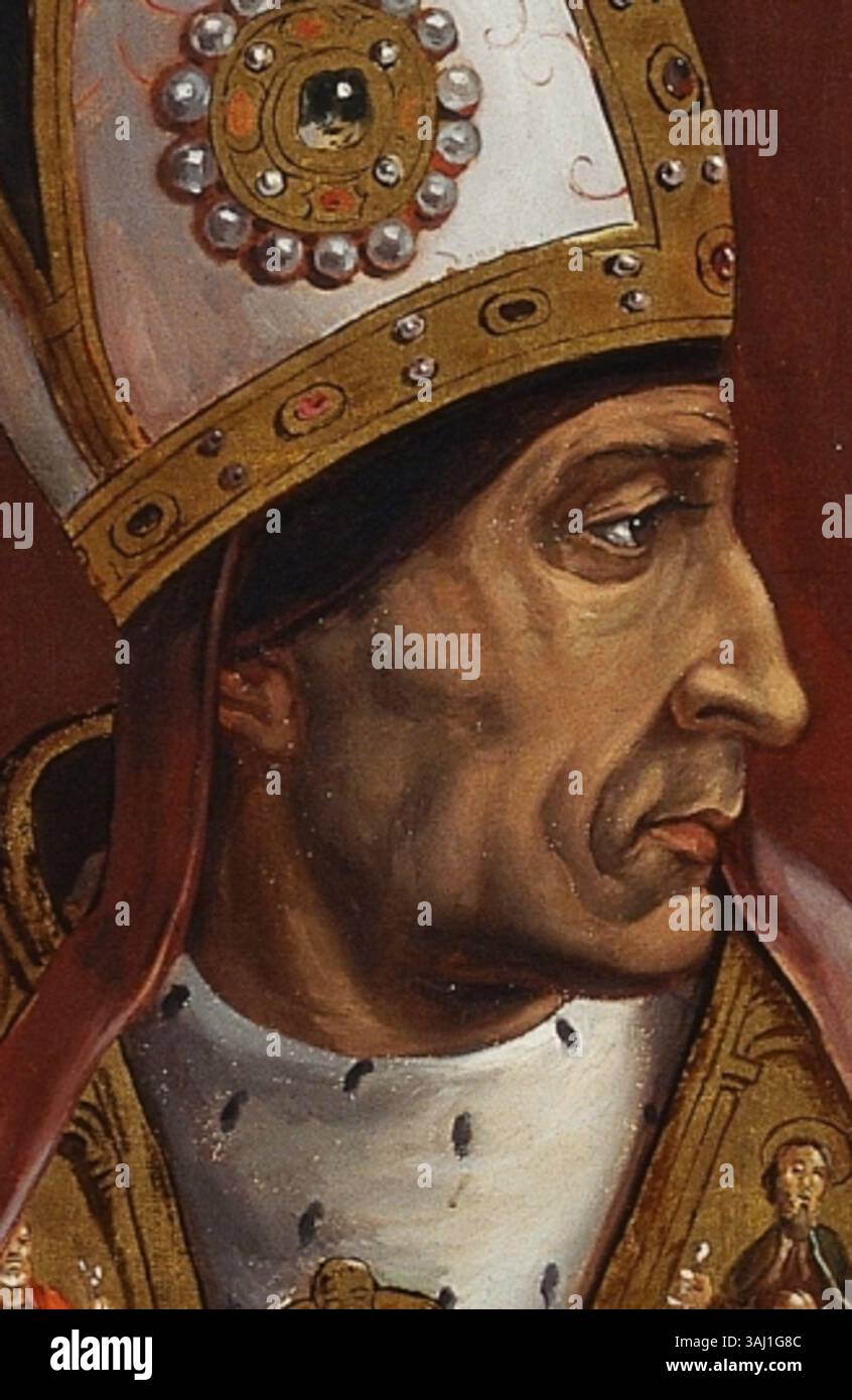 Dieses Gemälde von Matías Moreno um 1878 zeigt Kardinal Francisco Jiménez de Cisneros, einen einflussreichen spanischen Kirchenvater, der eine Schlüsselrolle in der katholischen Kirche und der spanischen Regierung spielte. Das Werk ist eine Reproduktion des früheren Porträts von Juan de Borgoña aus dem 19. Jahrhundert. Stockfoto