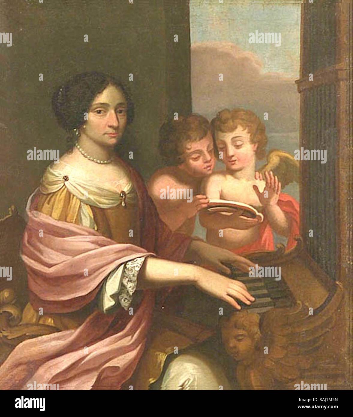 Dieses Gemälde von Laura Martinozzi aus dem 17. Jahrhundert, das sie in verspielter Pose darstellt, ist ein Beispiel für europäische Porträts aus dem Barock. Der Künstler bleibt unbekannt und das Gemälde spiegelt das aristokratische Leben der Zeit wider. Stockfoto